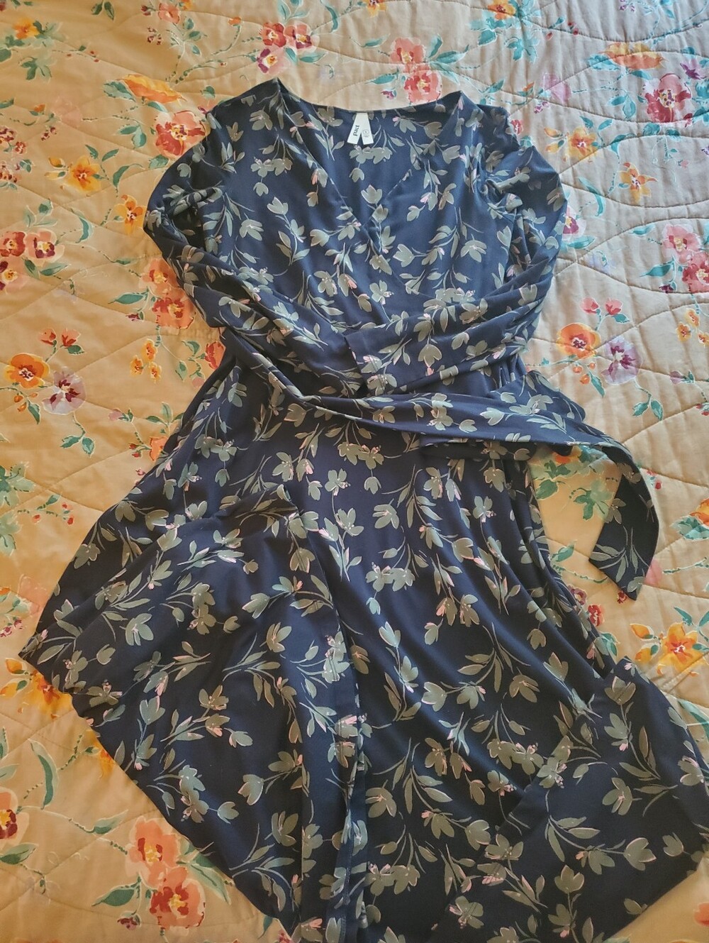 Pact Navy Floral Long-Sleeve Wrap Bodice Midi Dress